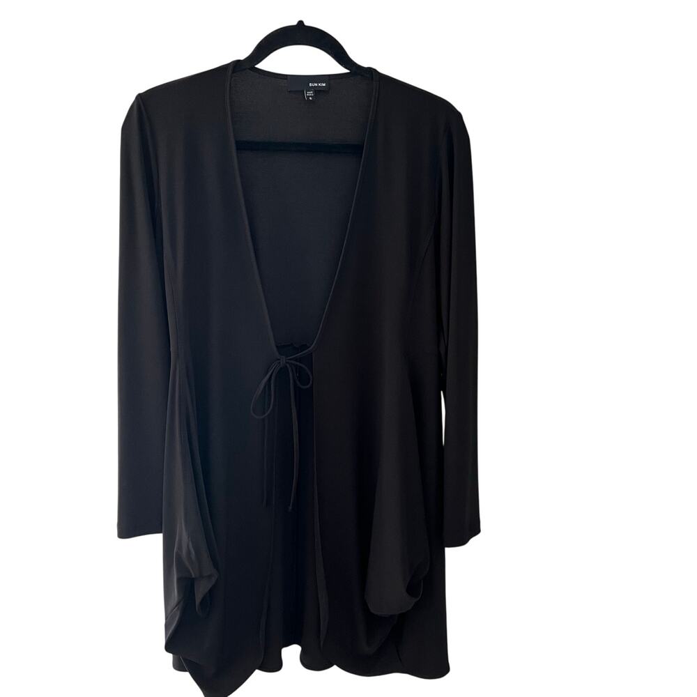 Sun Kim Cardigan Small Collarless Tie Front Quiet Luxury Black Long Sleeve
